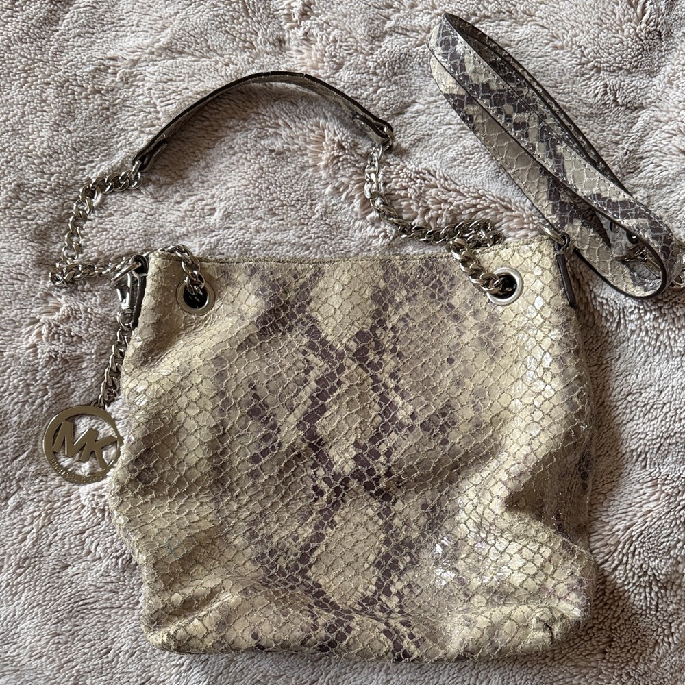 Michael Kors Cream and Brown Snake Print Shoulder Bag